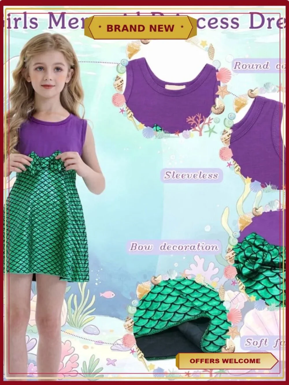 Mermaid Princess Dress Girls Costume Toddler Dress Up Cosplay Halloween